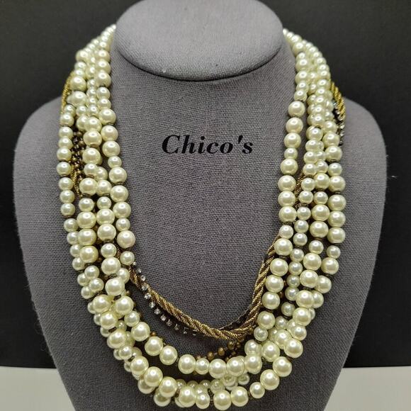 Chico's Faux Pearl Rhinestone Cord Necklace, 8 Strands, 22 Inches - Picture 1 of 12